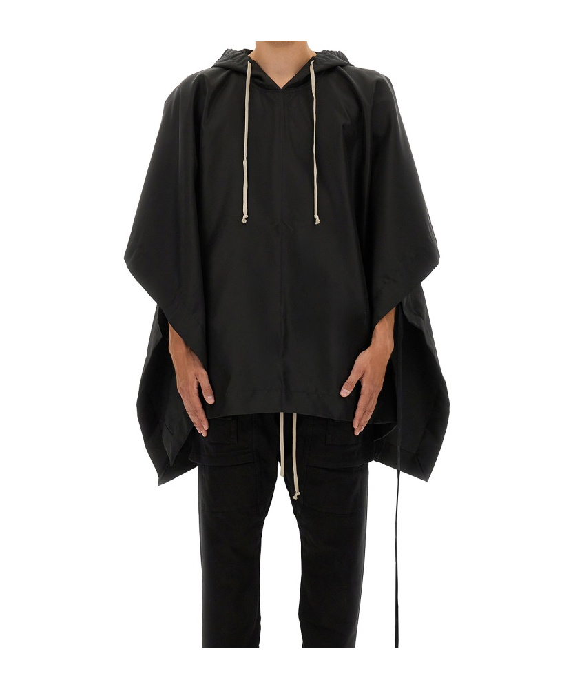 Rick Owens Drkshdw Raw-edge Drawstring Poncho Hoodie In Black