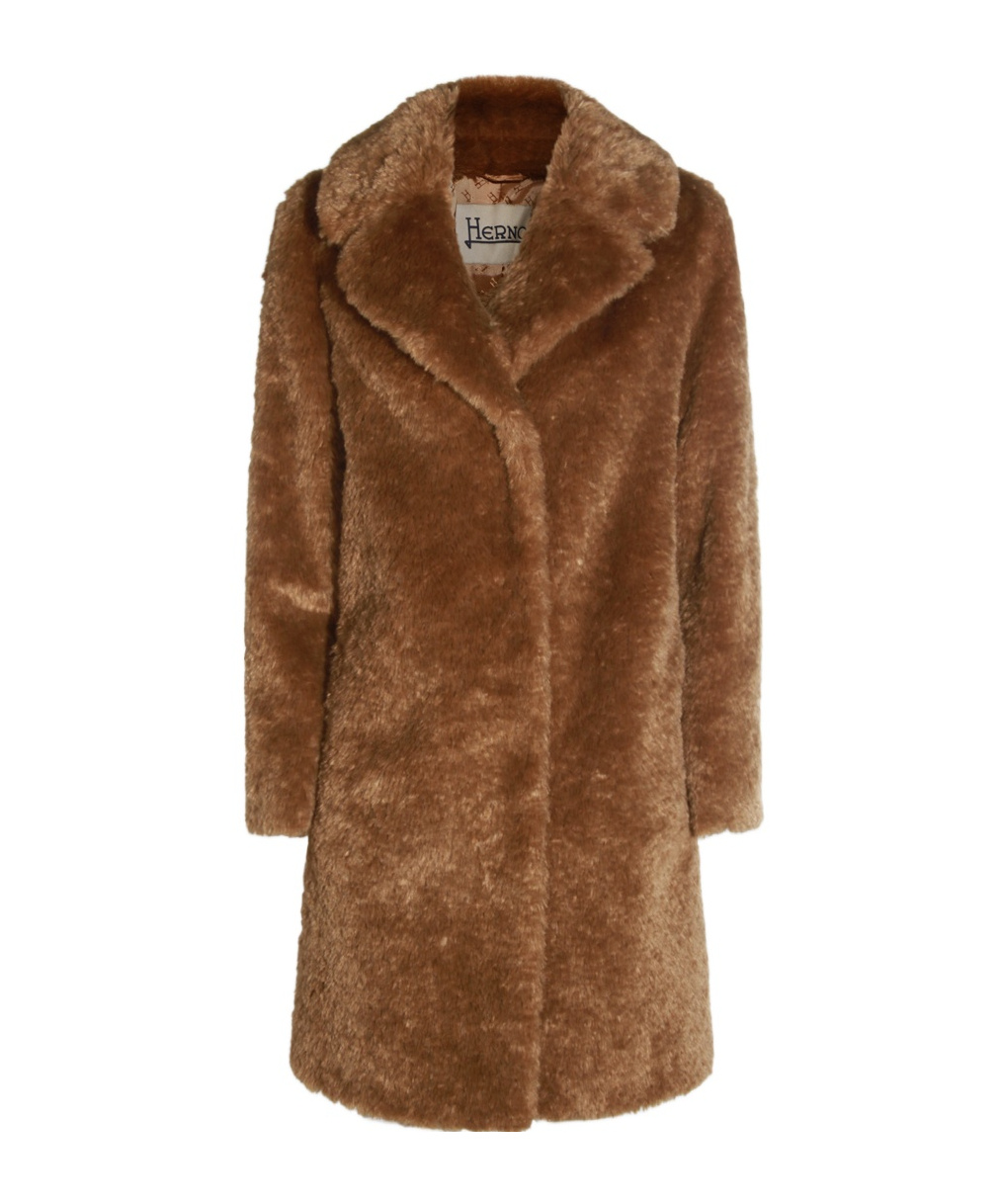 Herno Longline Faux Fur Notched Lapel Single-breasted Coat In Brown