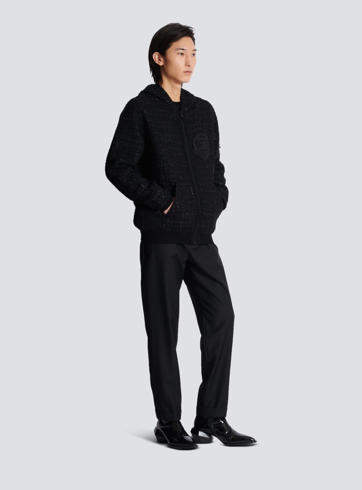Shop Balmain Tweed Hooded Jacket In Black
