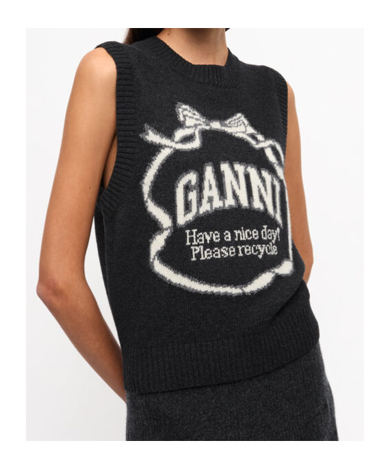 Ganni Logo Intarsia Wool-blend Sweater Vest In Black
