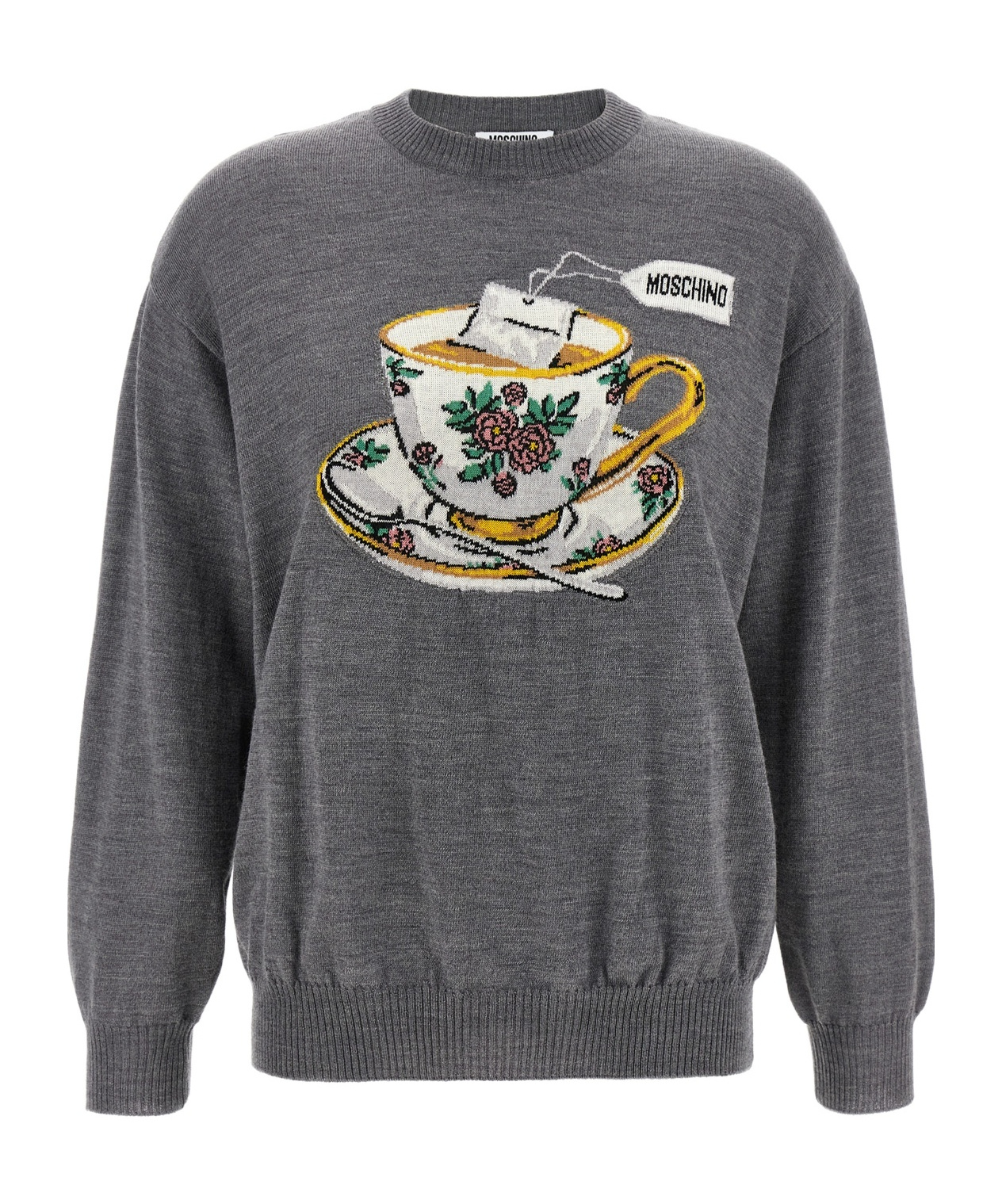 Moschino Crew Neck Graphic Print Intarsia Sweater In Gray