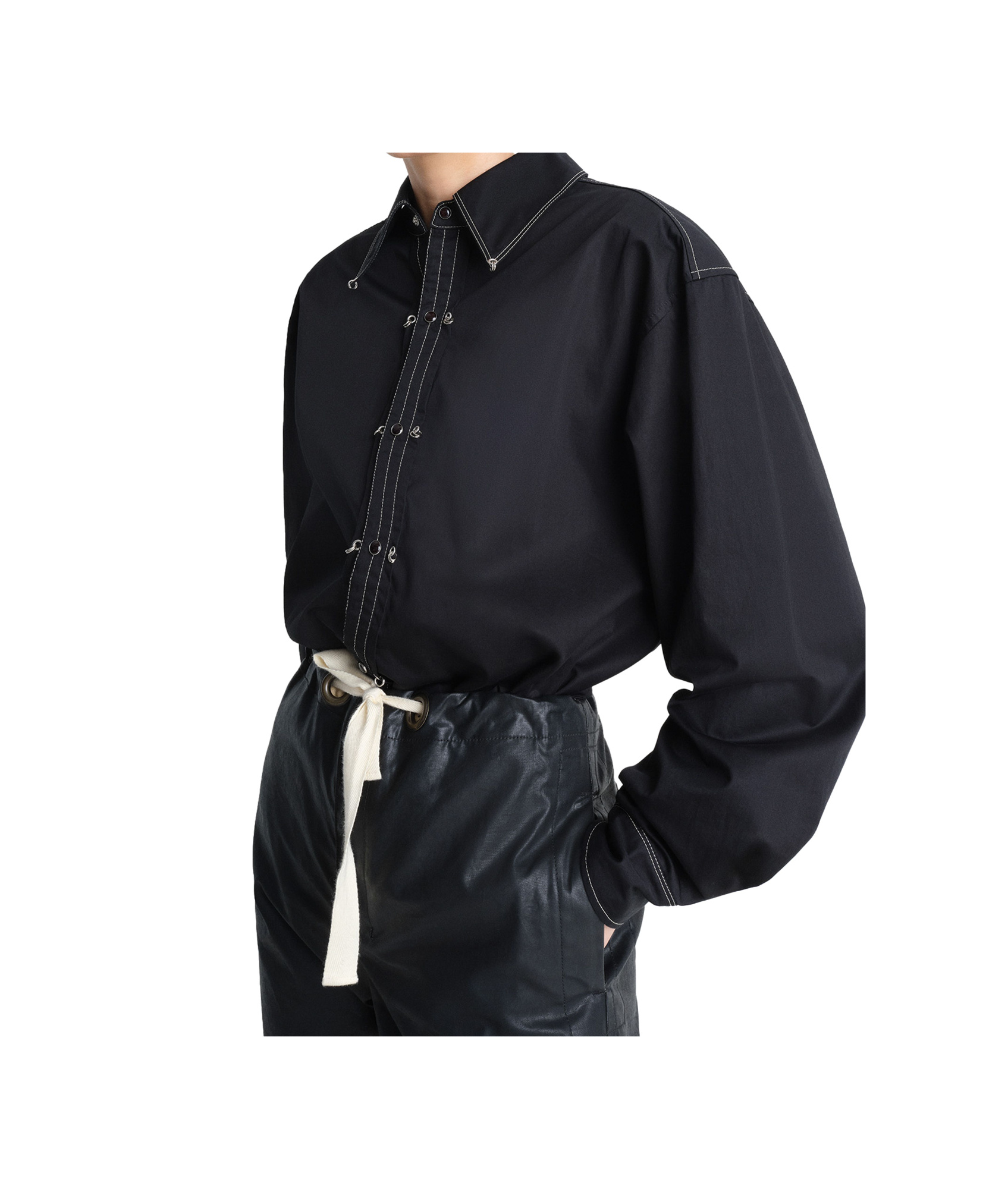 Lemaire Black Cotton Satin Embellished Metal Shirt In Black