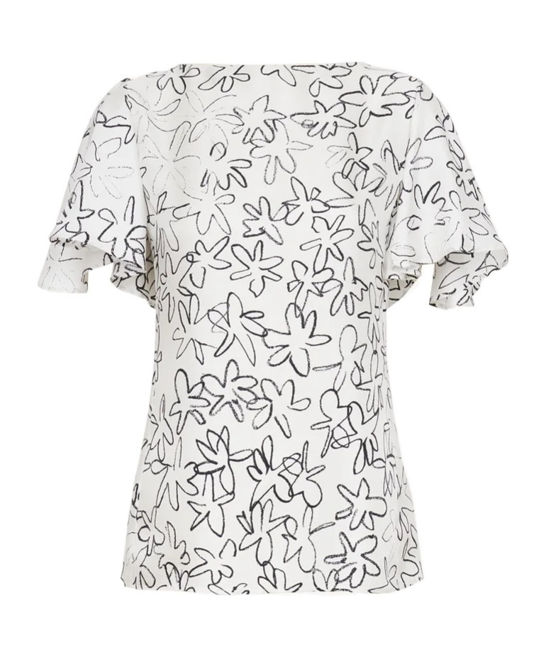 Chloé Doodle Floral Flutter-sleeve Silk Top In White