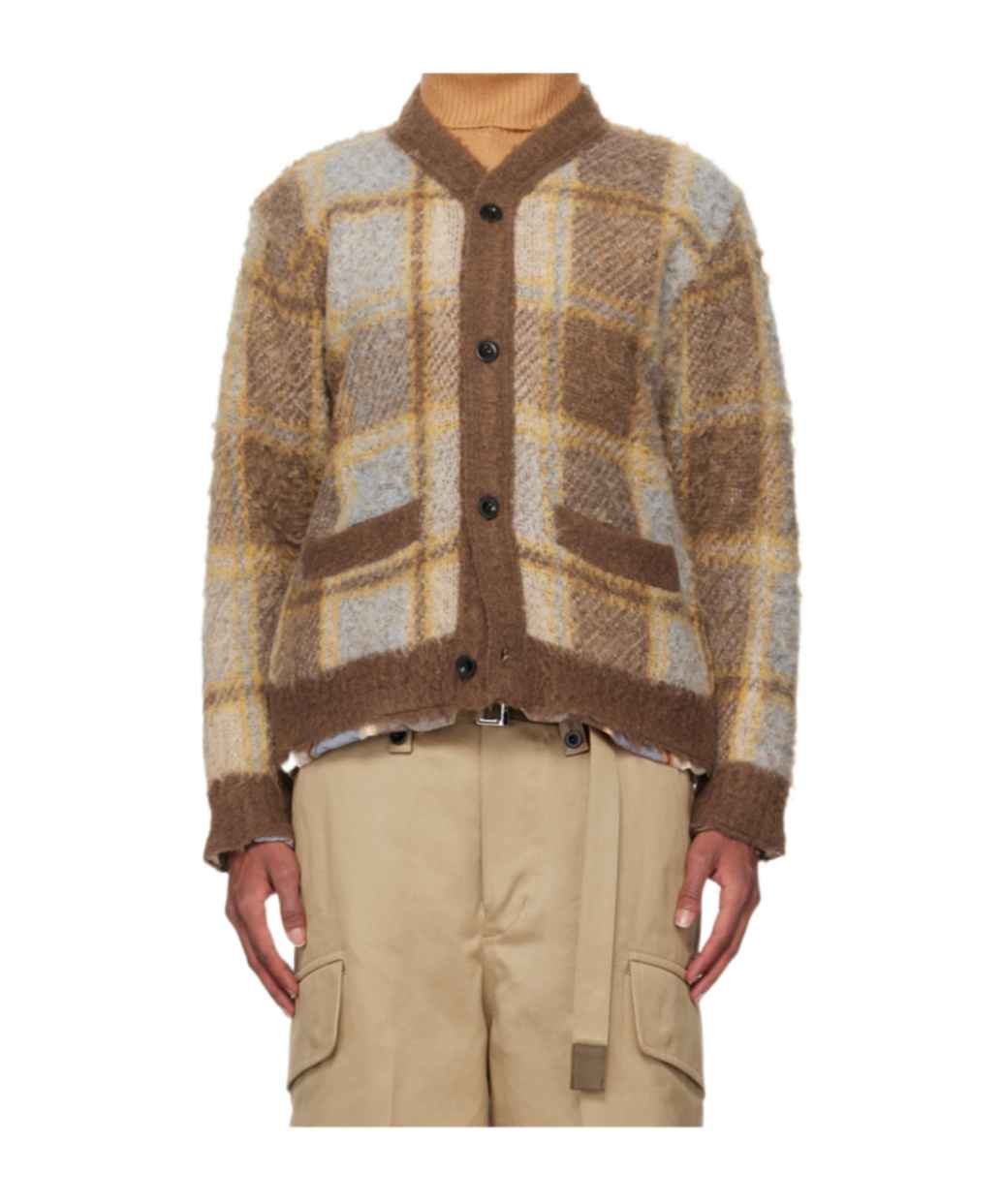 Sacai Brown Plaid Knit Cardigan In Nude