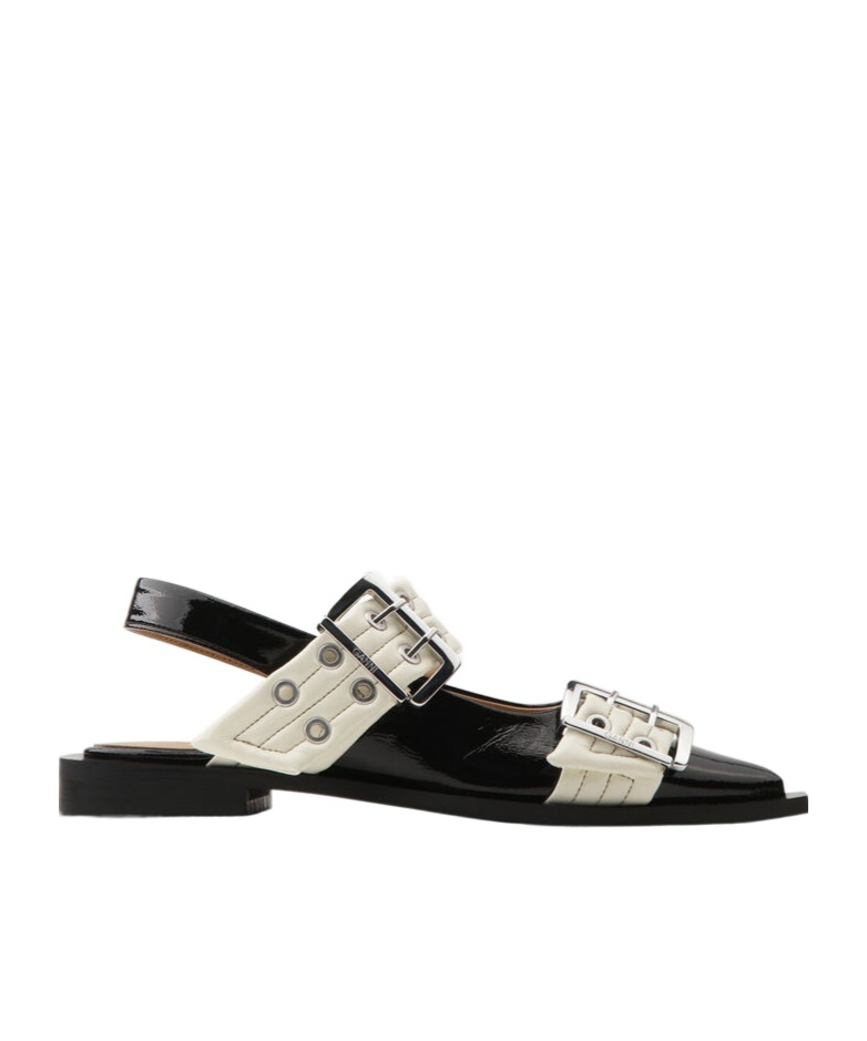 Ganni Black And White Slingback Ballerina Flats With Buckles In White