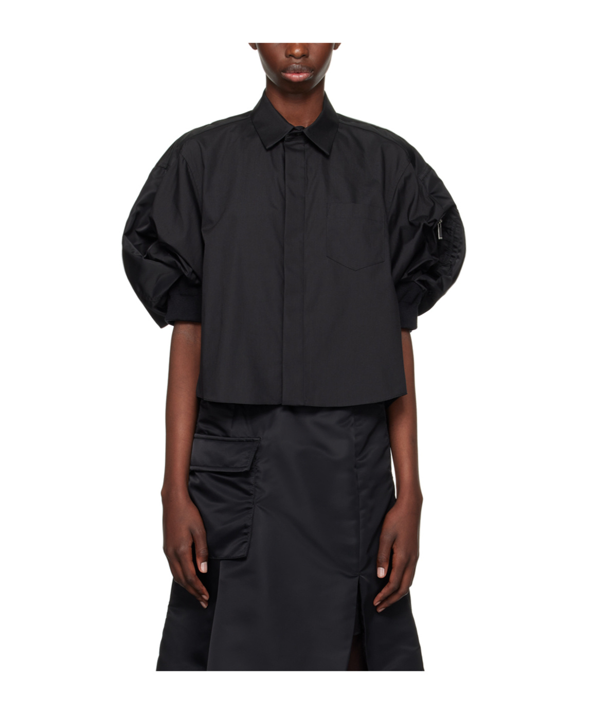 Sacai Mixed Media Three-quarter Sleeve Gabardine Jacket In Black