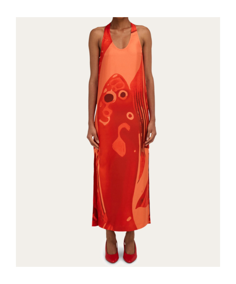 Ferragamo Carp-motif Silk Maxi Dress In Orange
