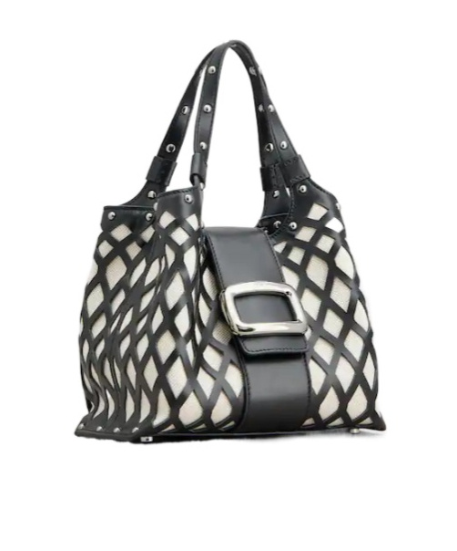 Roger Vivier Viv' Choc Mini Shopping Bag In Leather And Fabric In Black