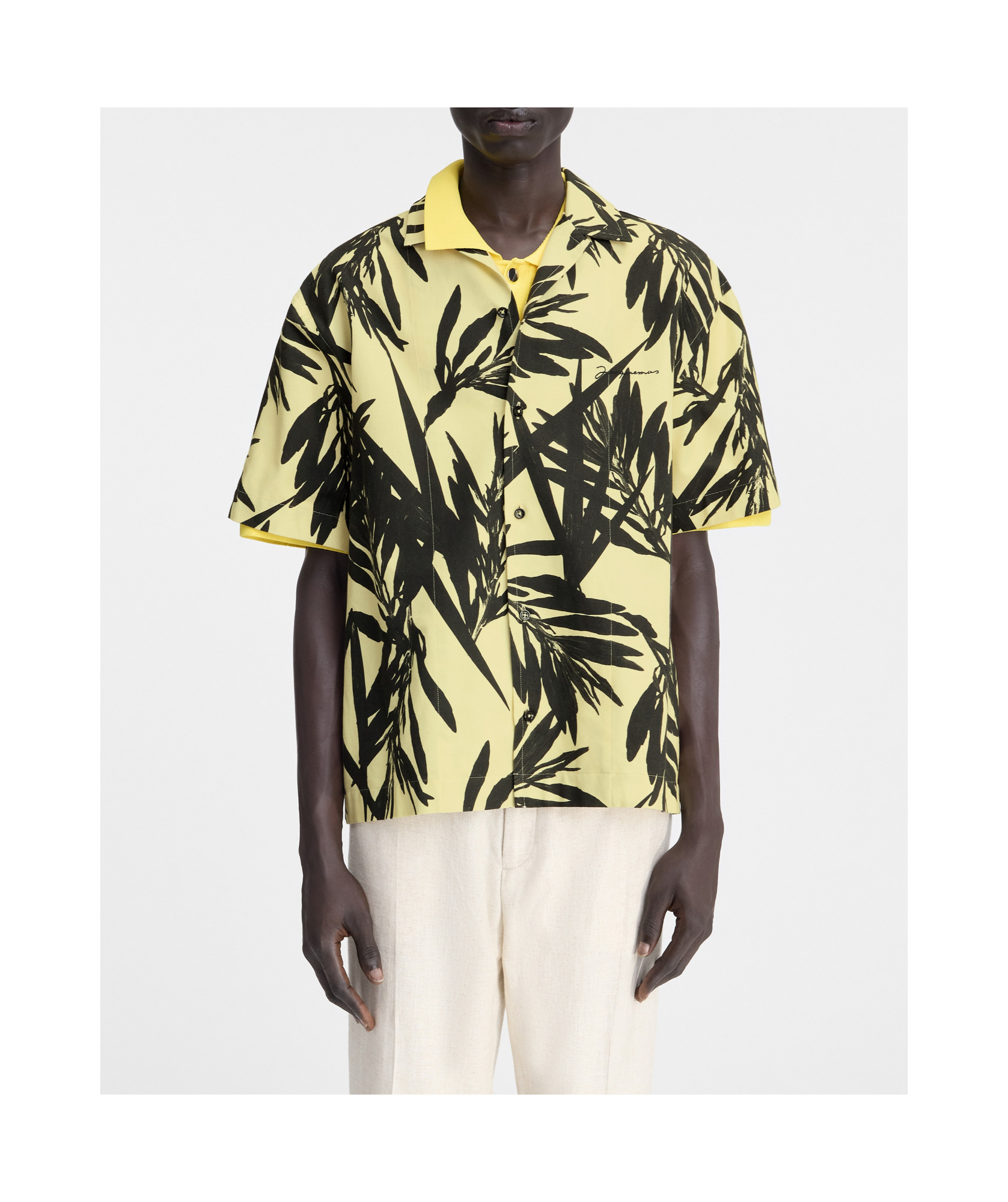 Jacquemus 'la Chemise Jean' Multicolor Bowling Shirt With Palm Print In Black