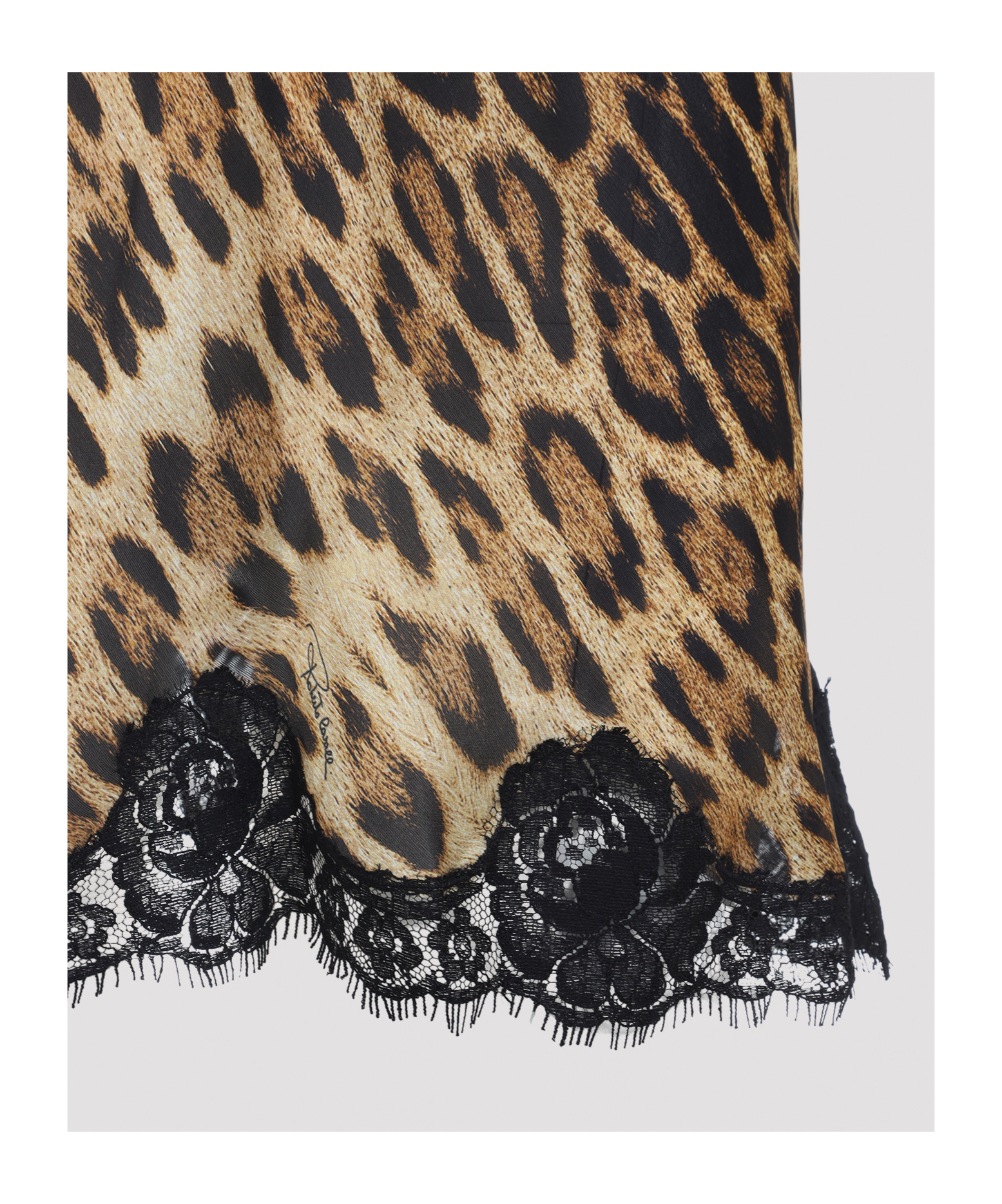 Roberto Cavalli Animalier Silk Mini Dress With Scalloped Lace Trim In Brown