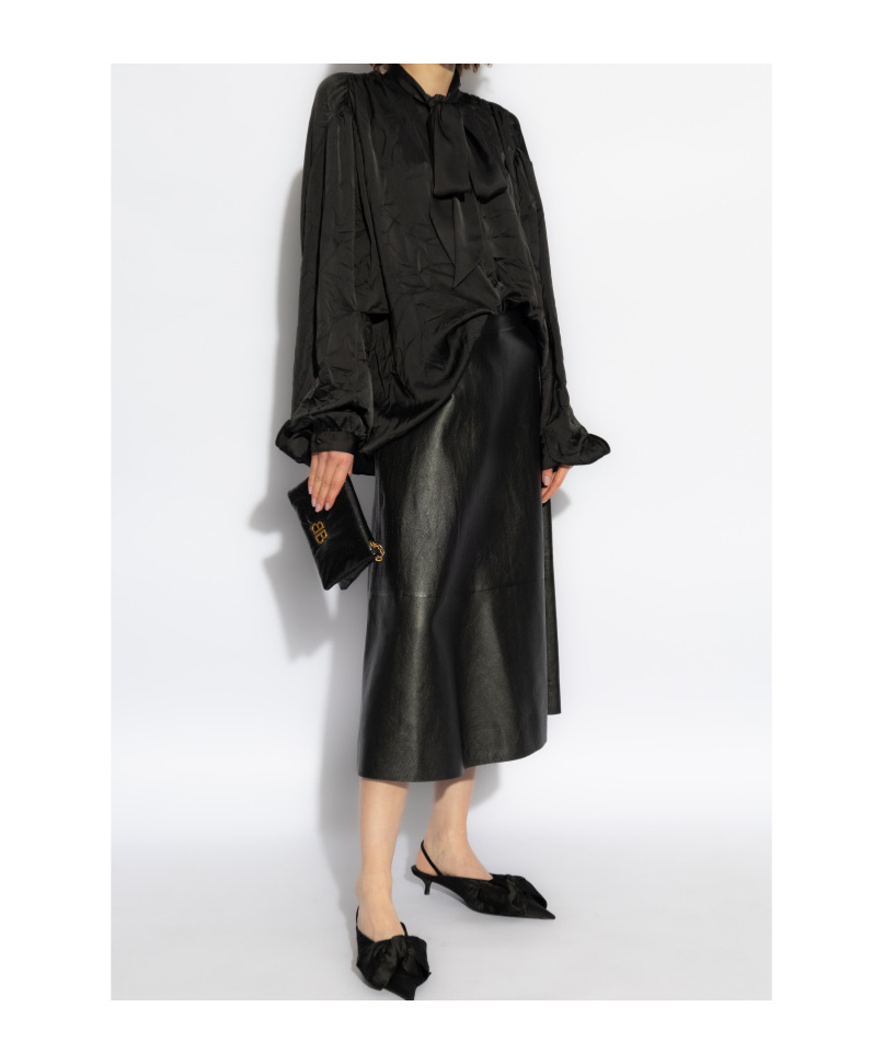 Balenciaga Midi Flared Leather Skirt In Black