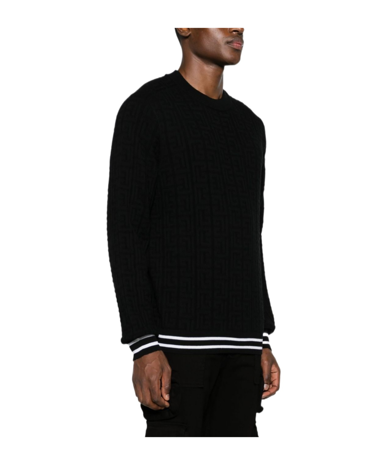 Balmain Merino Wool Sweater With Stripe Detail And Jacquard Pattern In Black