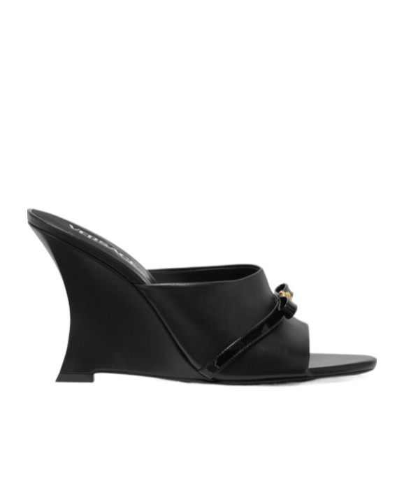 Versace Black Gianni Ribbon Wedge Mules In Black