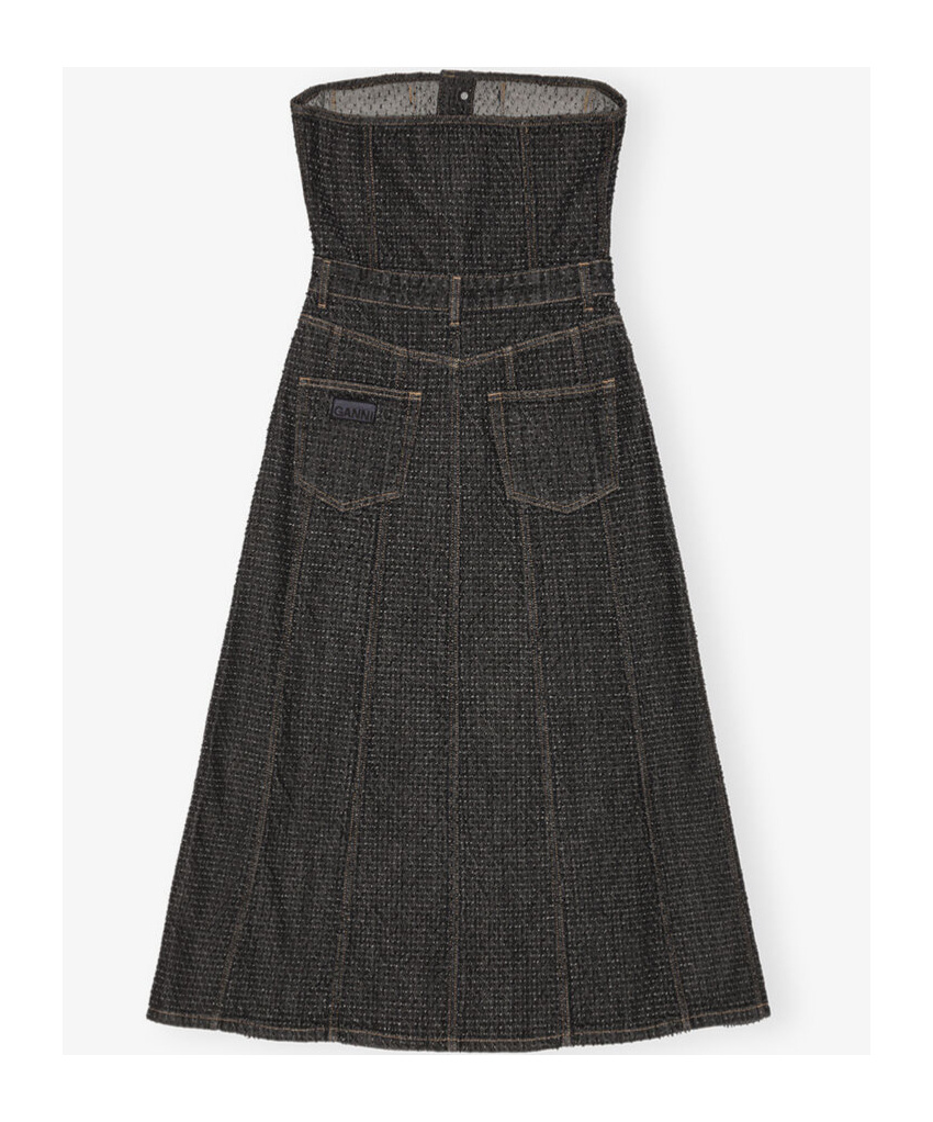 Ganni Black Fluffy Denim Corsage Maxi Dress In Black
