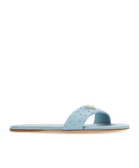 Prada Embossed Leather Slides Flat Sole In Light Blue