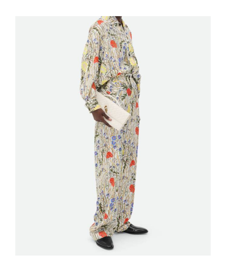 Bottega Veneta Womens Chalk Hibiscus Khaki Flower-print Wide-leg High-rise Woven-blend Pyjama Set In Nude