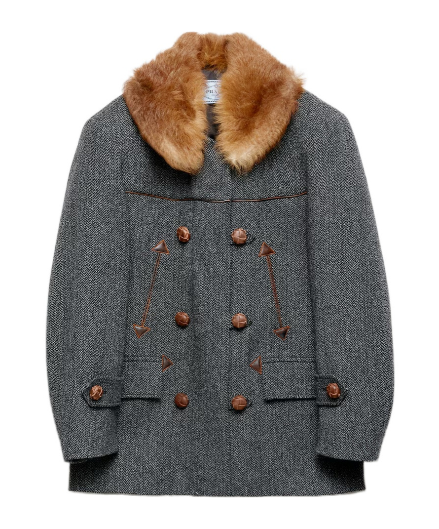 Prada Double-breasted Chevron Peacoat In Gray