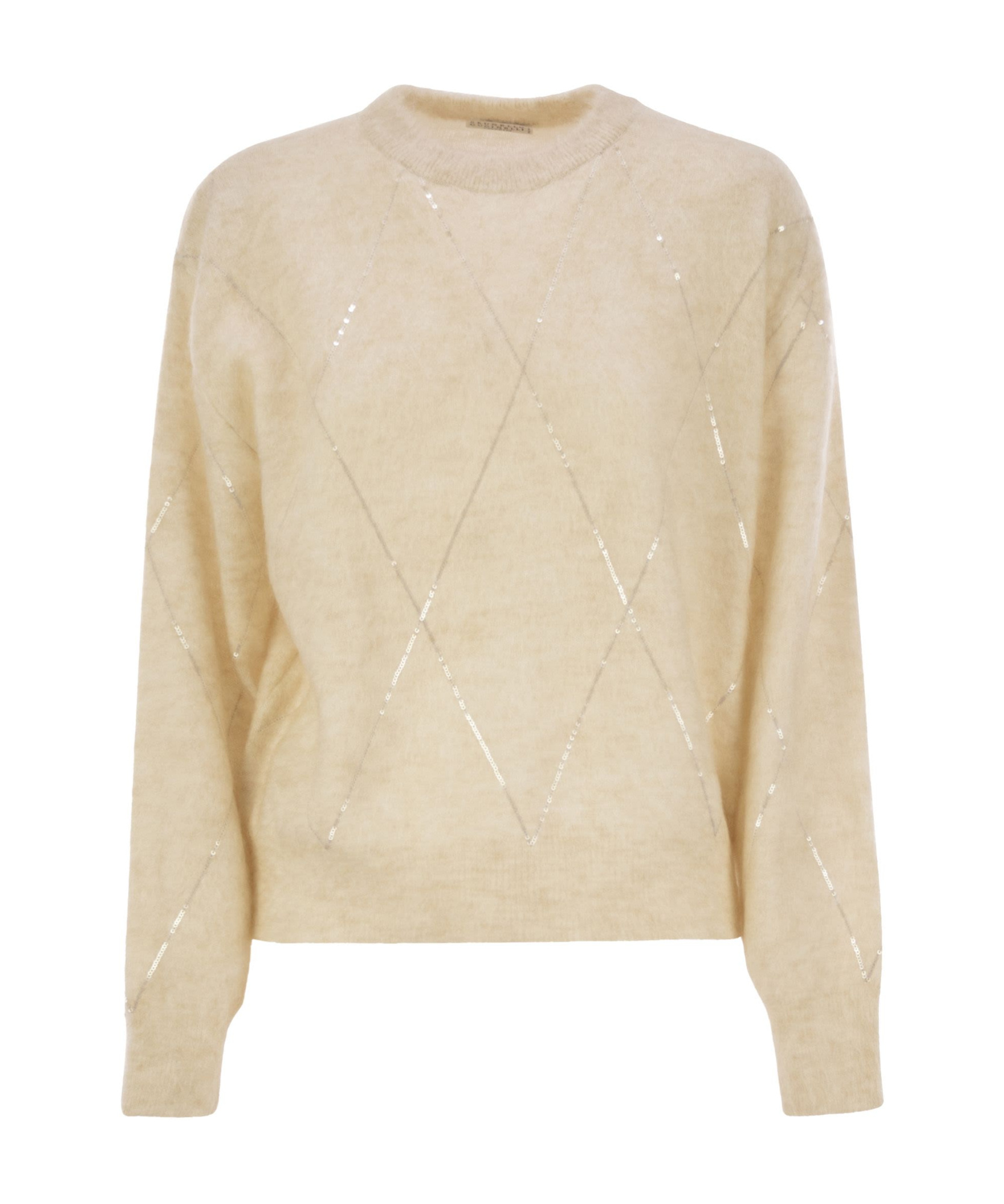 Brunello Cucinelli Women's Mohair, Wool, Cashmere And Silk Sweater With Dazzling Argyle Embroidery In Nude