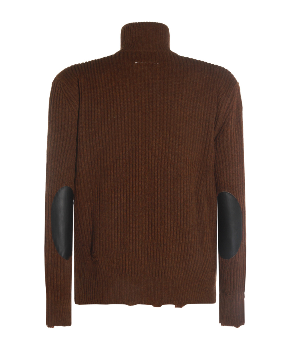 Mm6 Maison Margiela High Neck Ribbed Crewneck Sweater With Distressed Elbow Patches In Brown