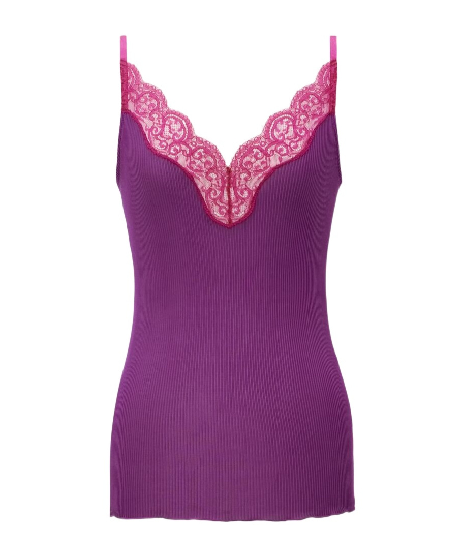 Saint Laurent Lace Tank Top In Ribbed Silk Jersey In Purple-red