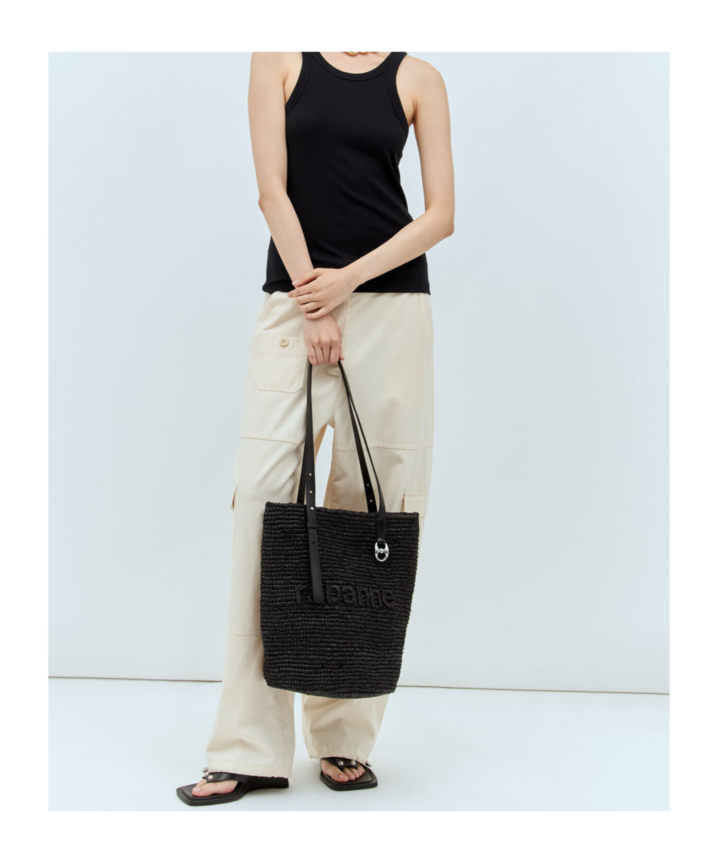 Rabanne Logo-embroidered Raffia Tote Bag In Black