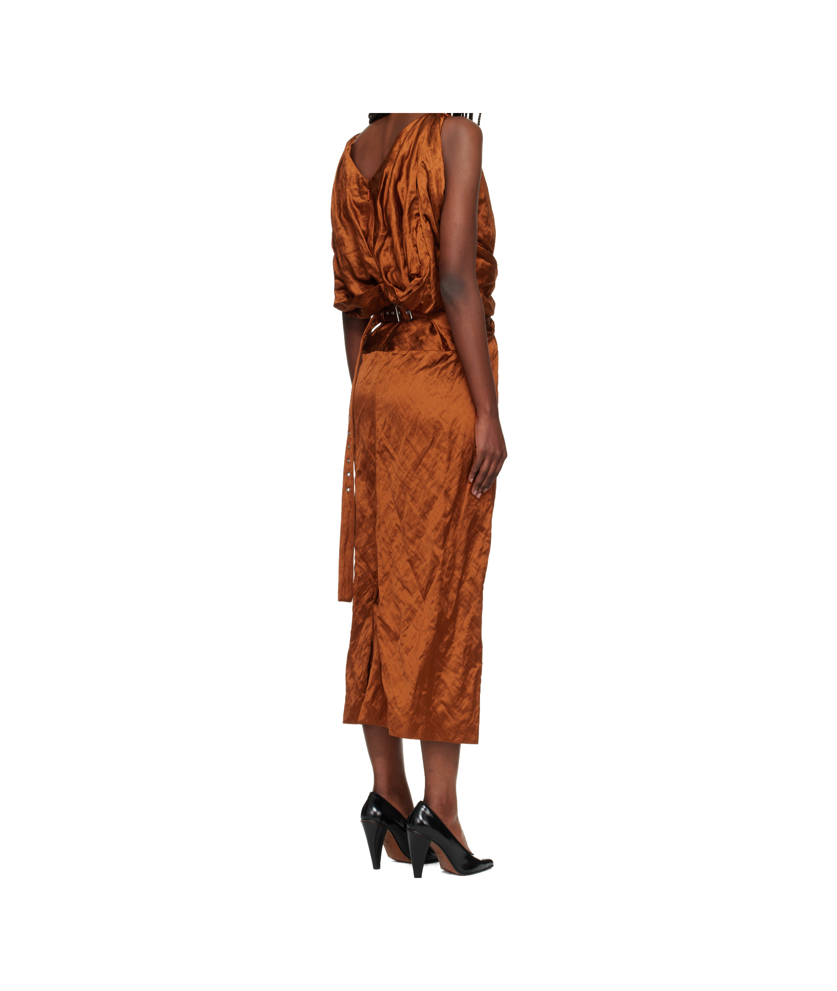 Lanvin Sleeveless Twisted Crinkle Satin Midi Dress In Brown