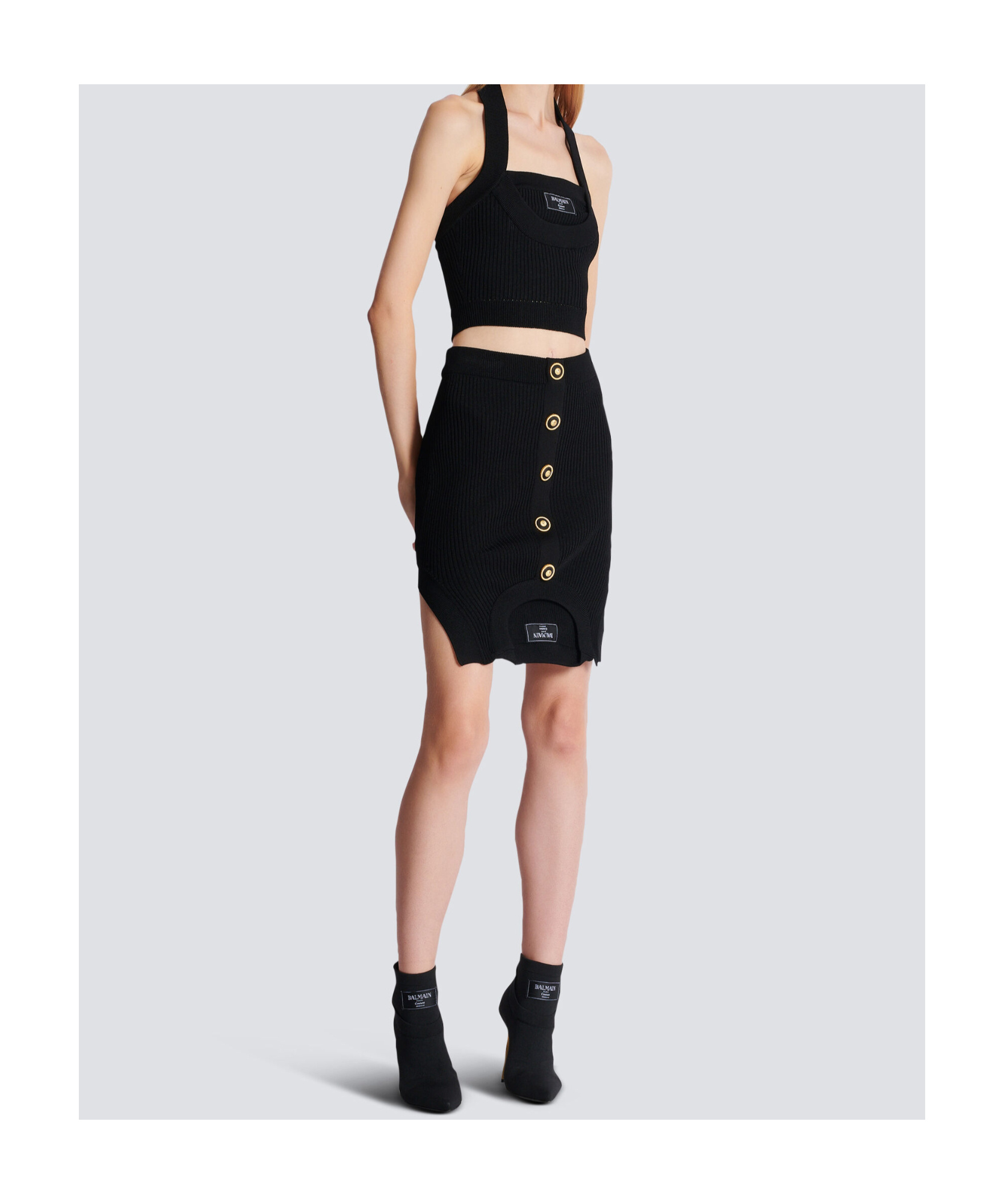 Balmain Black Optical Illusion Ribbed Knit Miniskirt In Black