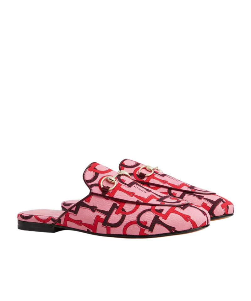 Gucci Princetown Horsebit Print Loafer Mules In Pink And Red