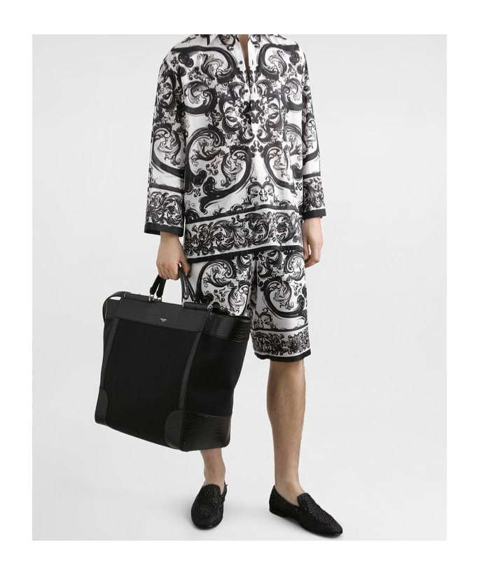 Dolce & Gabbana Maiolica Black And White Shorts With Elastic Drawstring Closure And All-over Print In Silk Man