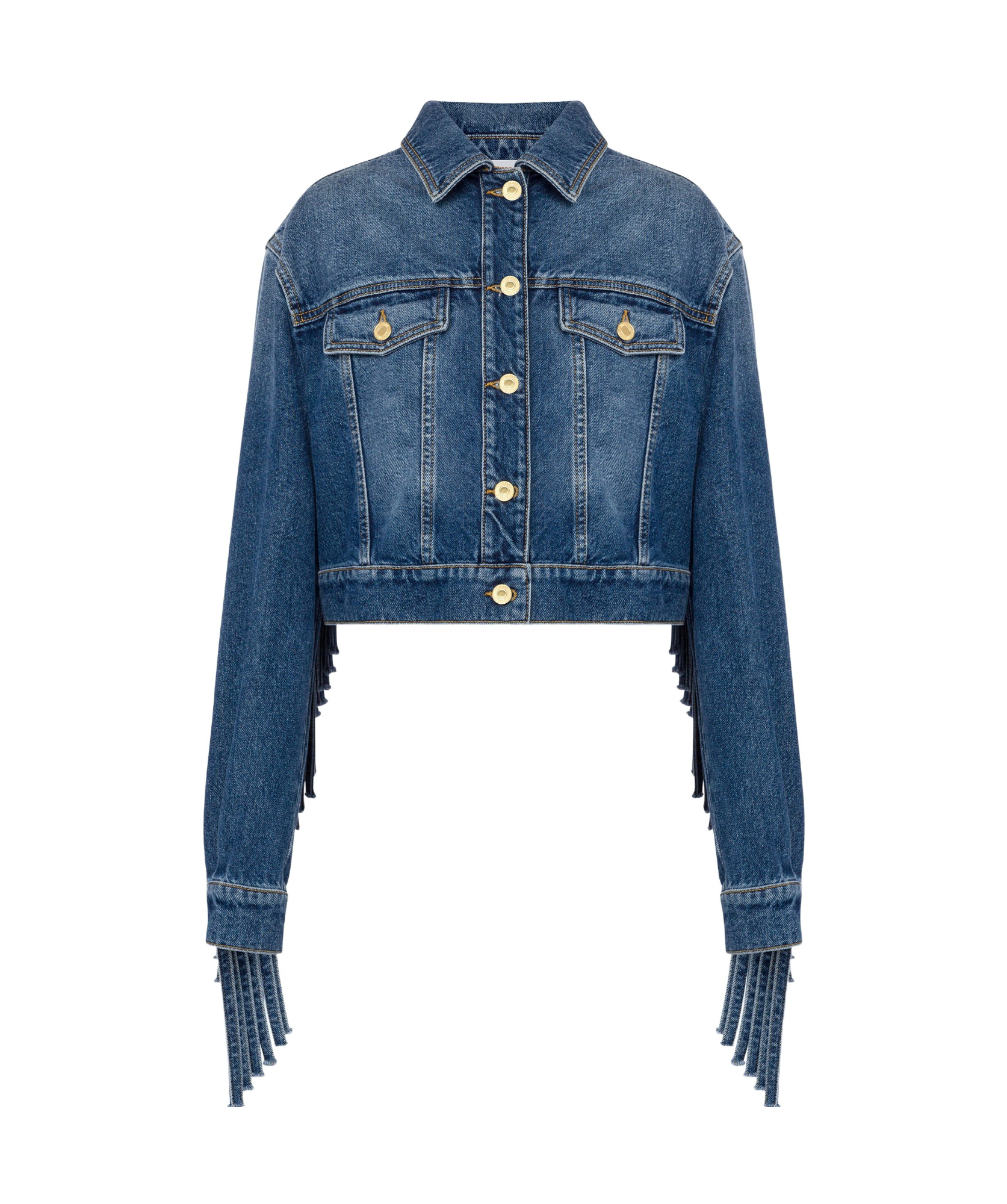 Moschino Fringed Cropped Denim Jacket In Blue