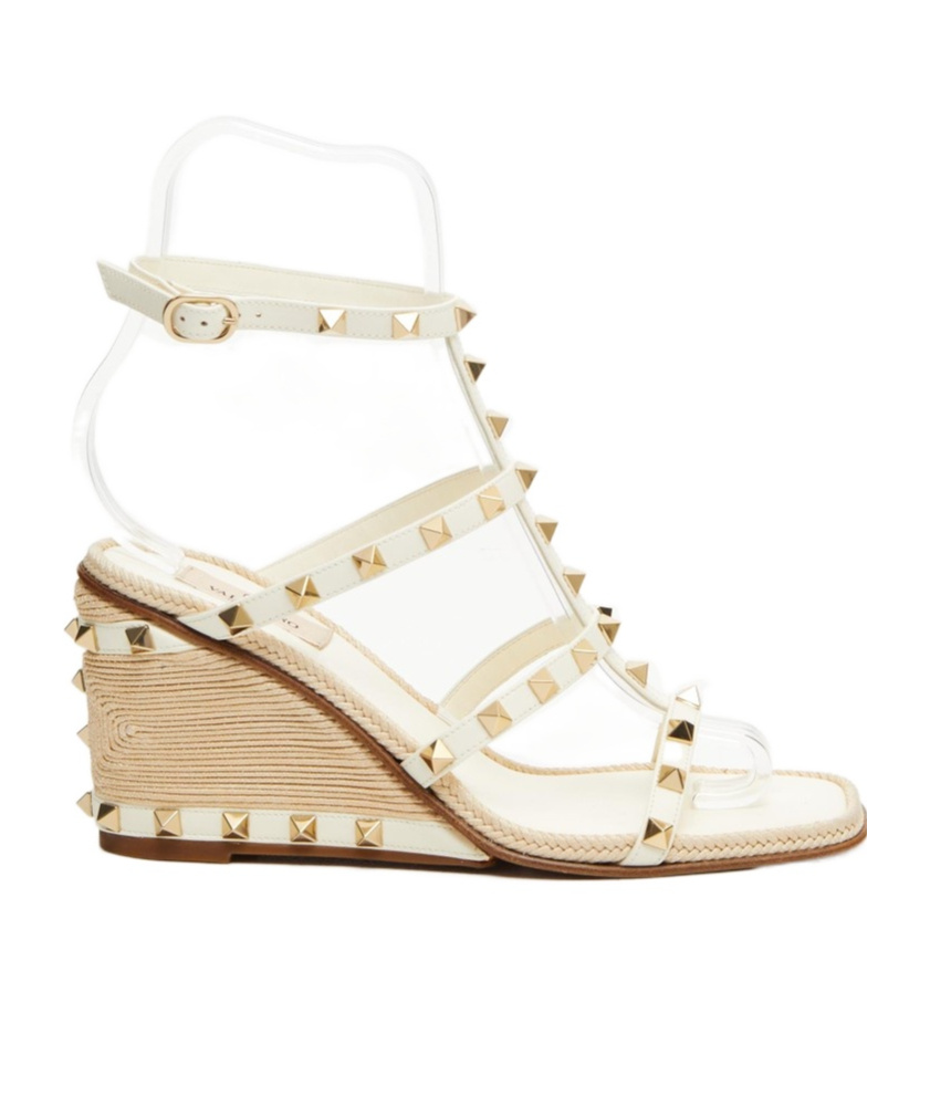 Valentino Rockstud Wedge Sandals In Platinum Color In Ivory