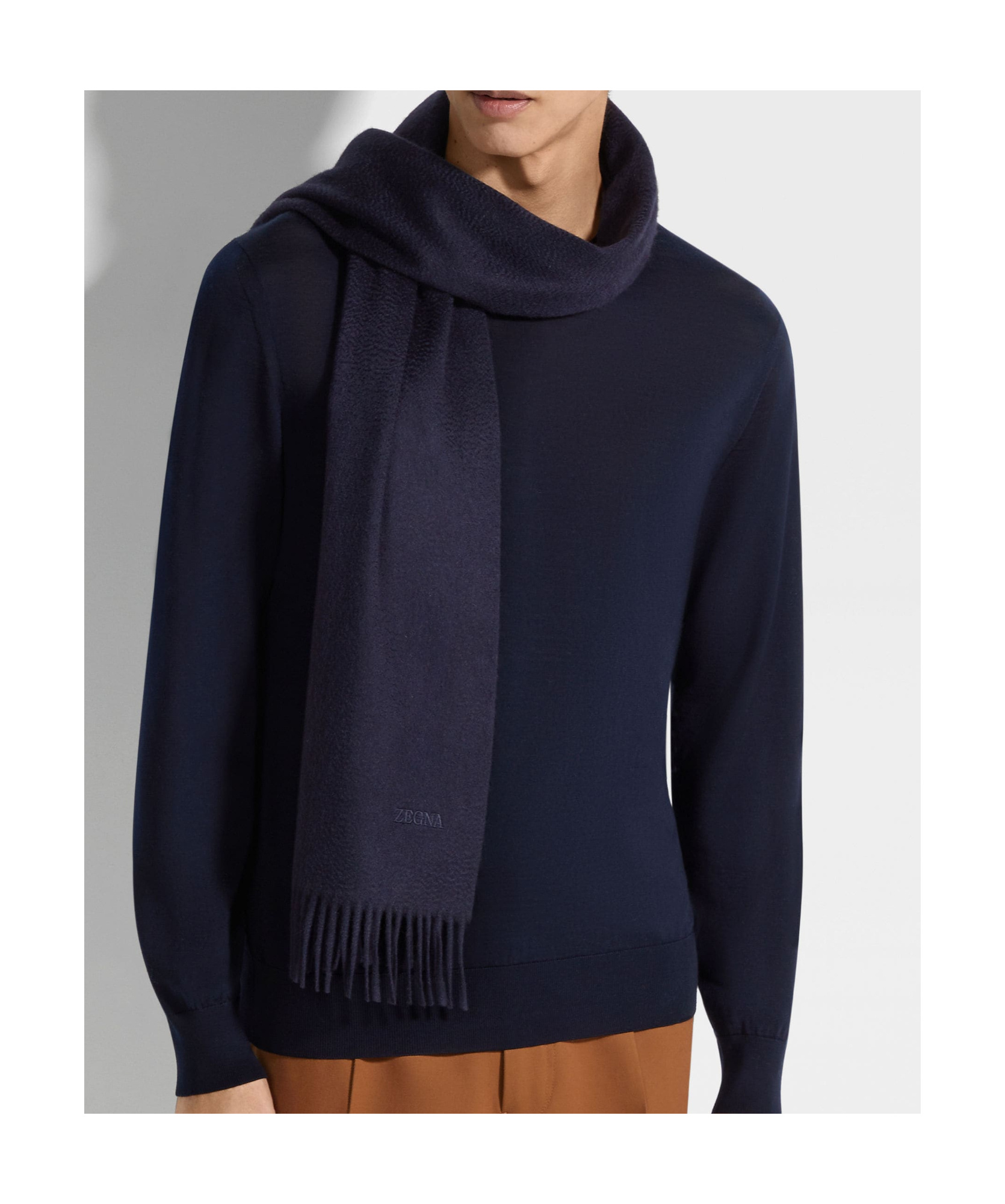 Zegna Midnight Blue Cashmere Scarf With Fringed Edge In Black