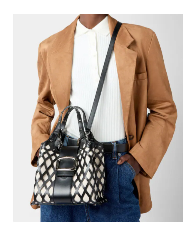 Roger Vivier Viv' Choc Mini Shopping Bag In Leather And Fabric In Black