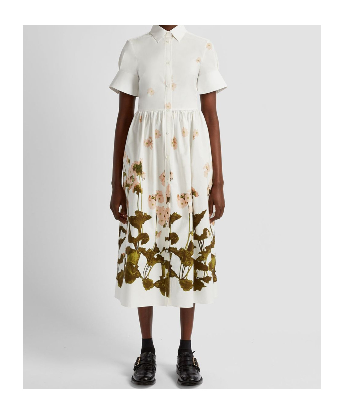 Erdem Floral Print Cotton Dress With Split Cuffs In White