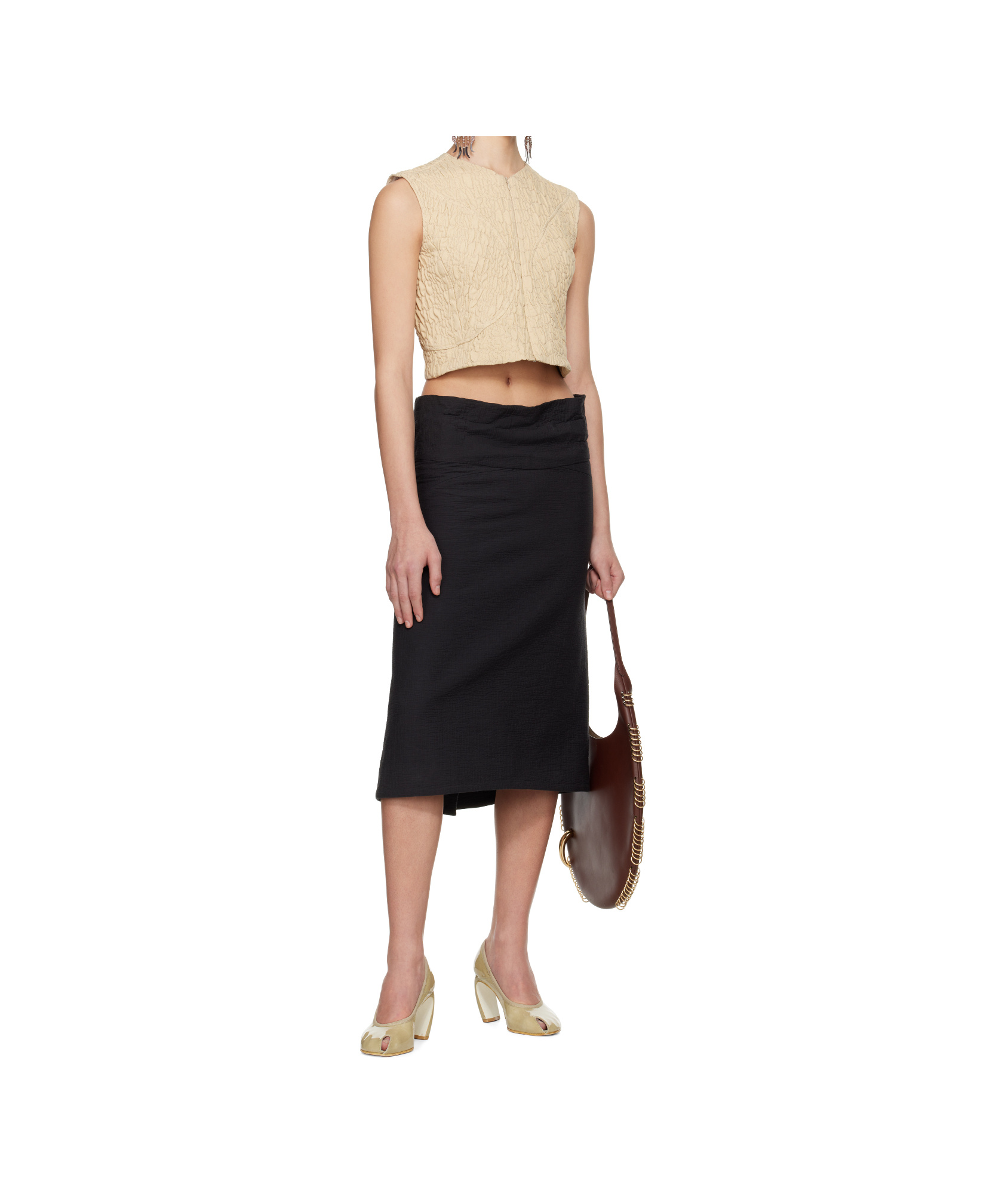 Tory Burch Black Molded Waistband Cotton Midi Skirt