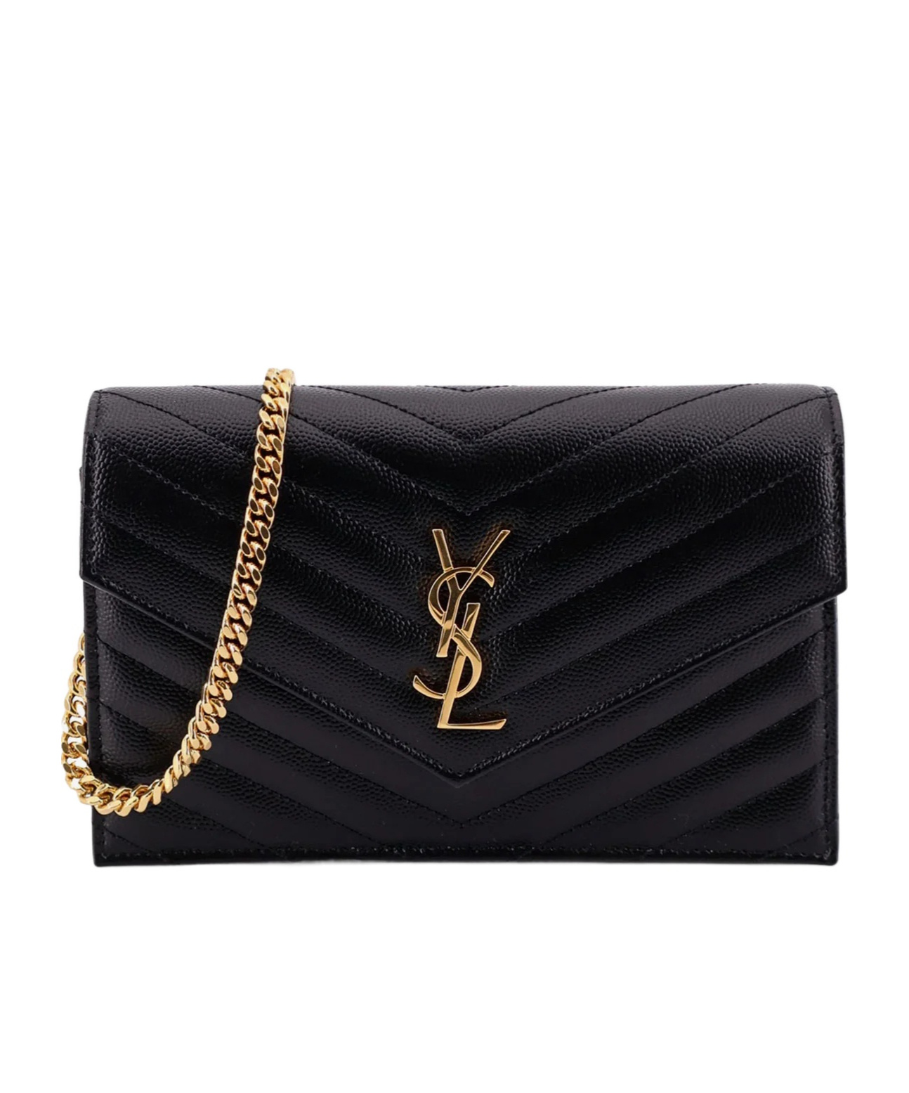 Saint Laurent Cassandre Envelope Leather Wallet On Chain In Black