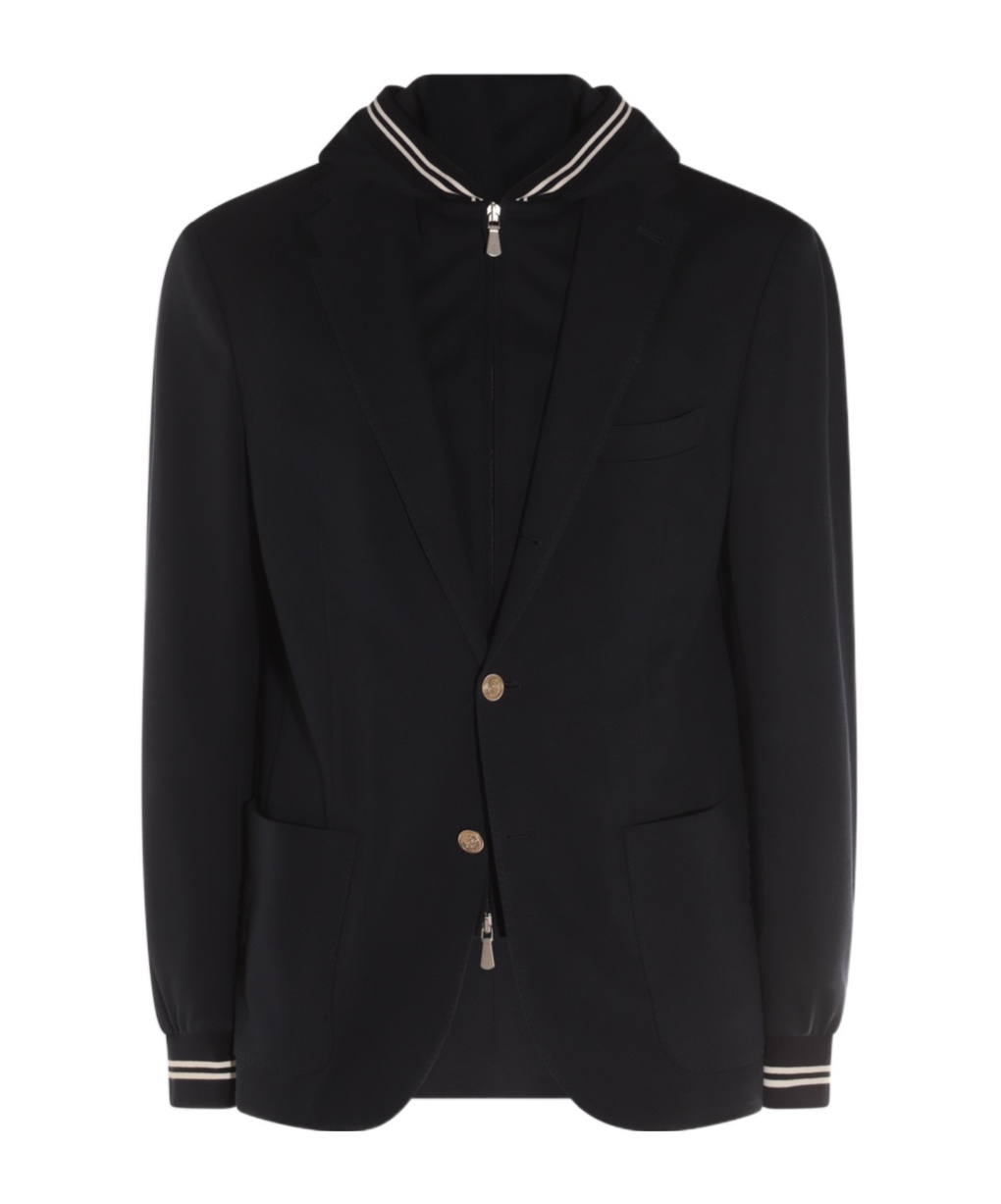 Eleventy Hooded Blazer With Front Pockets And Striped Trim In Black