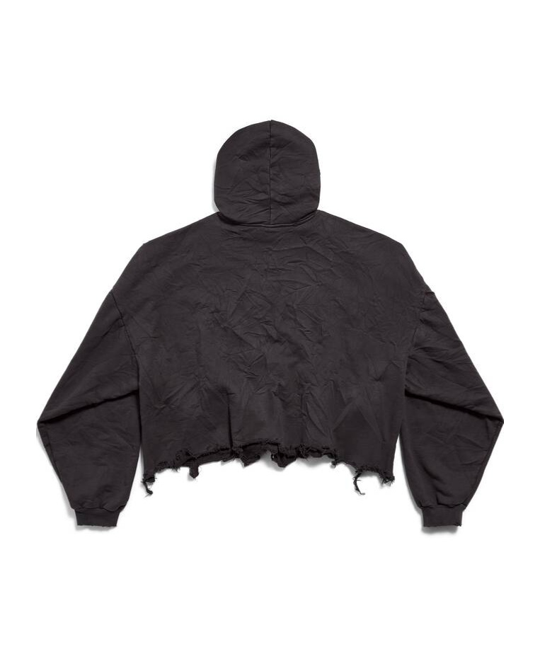 Balenciaga Oversized Cropped Distressed Printed Cotton-jersey Hoodie In Black