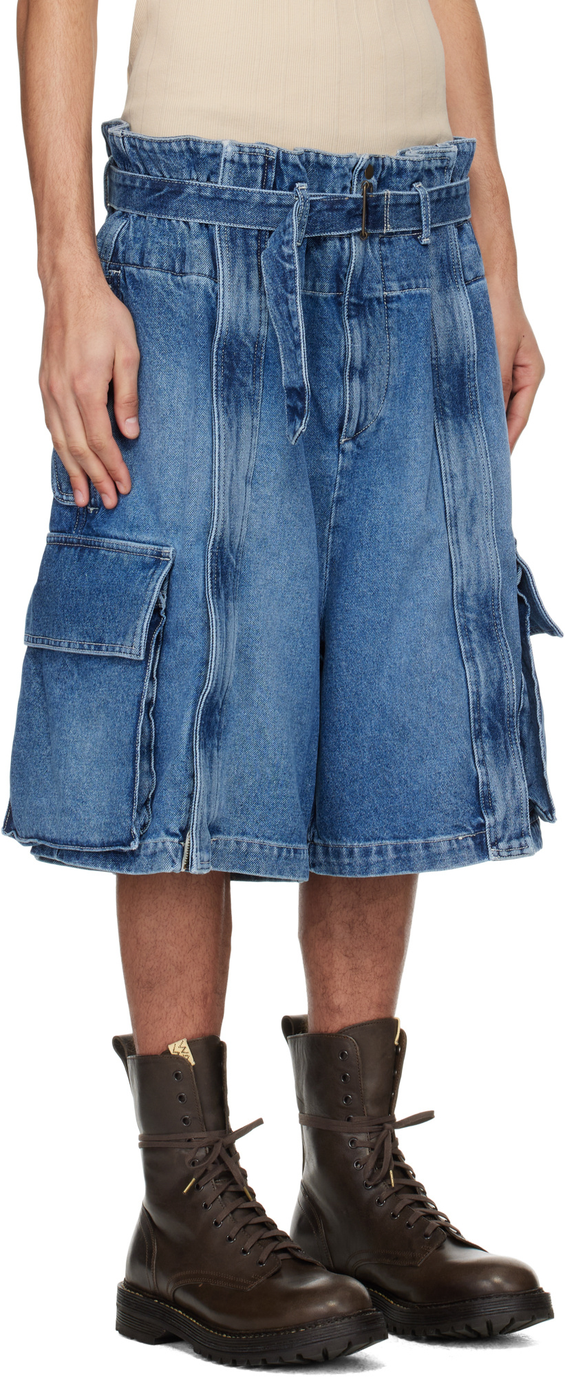 Hed Mayner Blue Zip Vent Denim Cargo Shorts In Blue