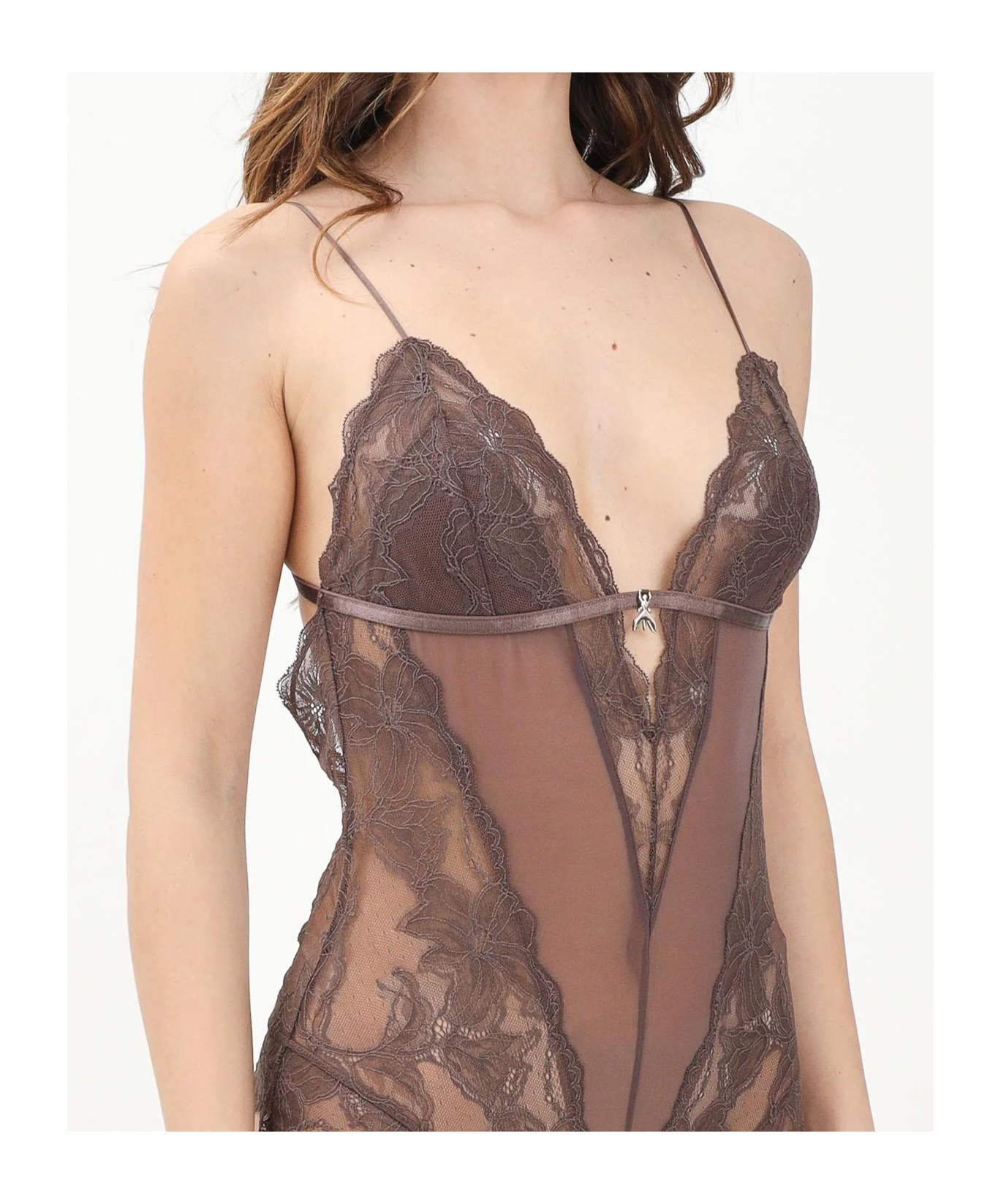 Shop Patrizia Pepe Lace Bodysuit In Cedar Brown