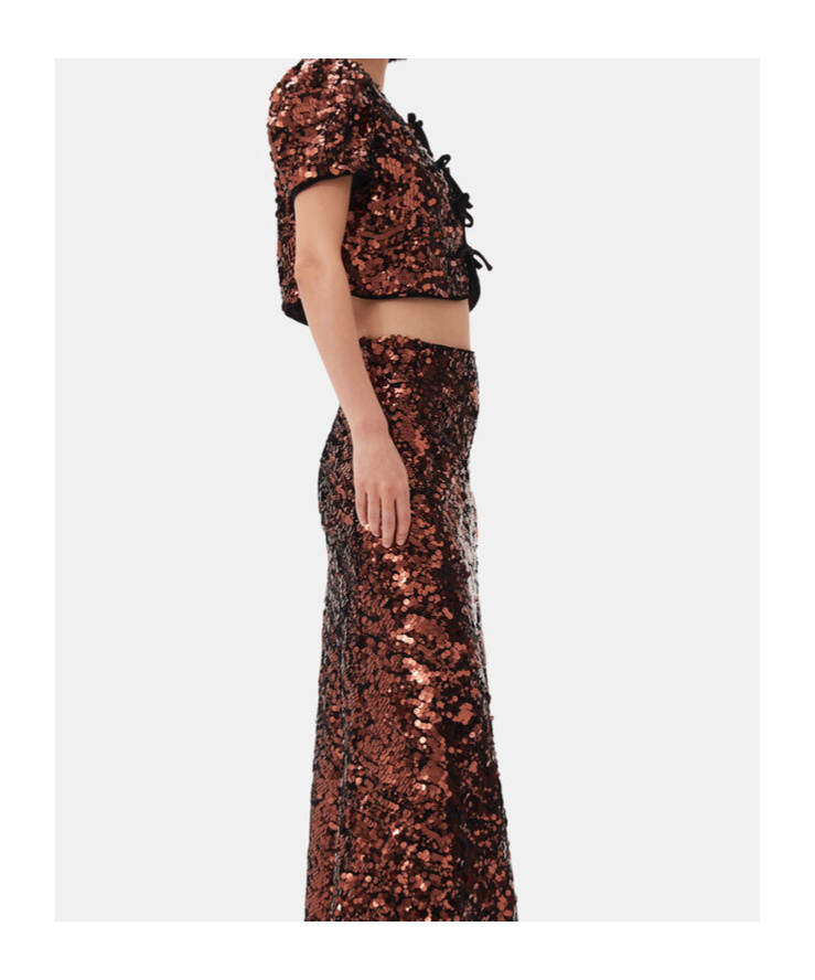 Ganni Sequined Velvet-trimmed Crop Top In Black