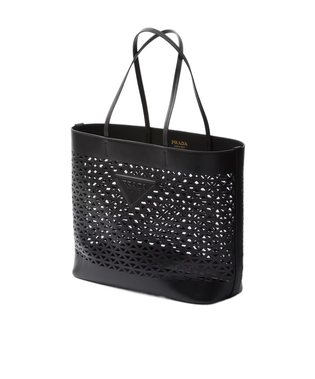 Prada Large Black Perforated Leather Shopping Bag Women In Black