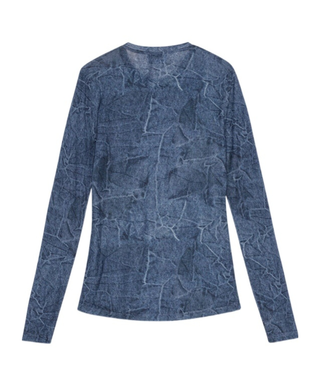 Ganni Marl Mesh Long Sleeve Crew Neck Blouse In Denim In Blue