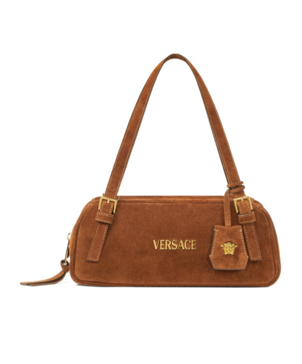 Versace Tag Suede Bowling Shoulder Bag In Brown