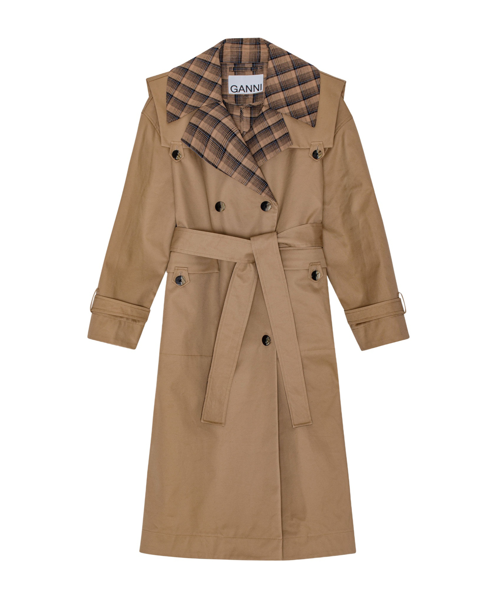 GANNI BROWN BONDED COTTON OVERSIZED TRENCH COAT