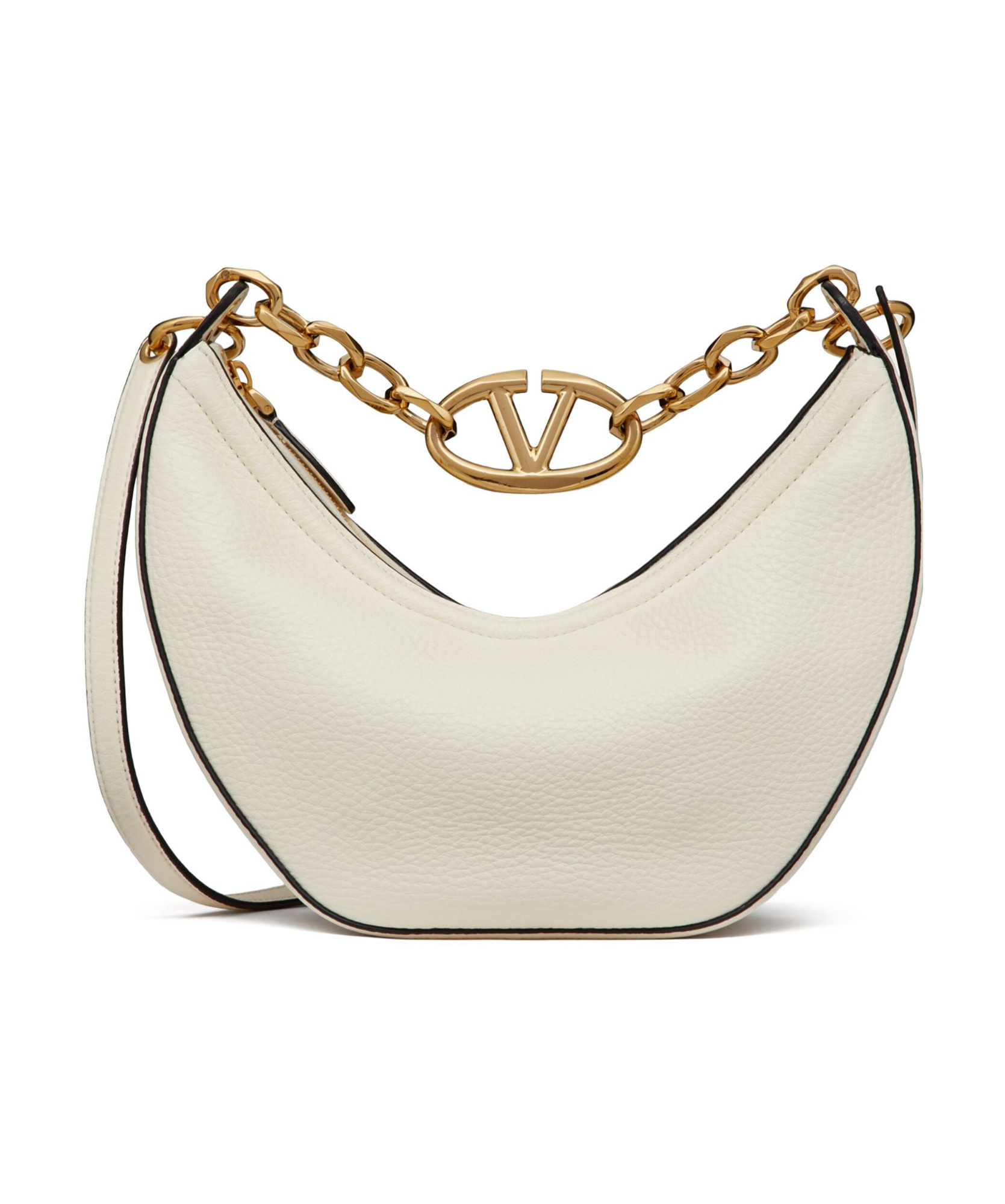 Shop Valentino Small Vlogo Moon Hobo Bag In Grainy Calfskin With Chain In Nude