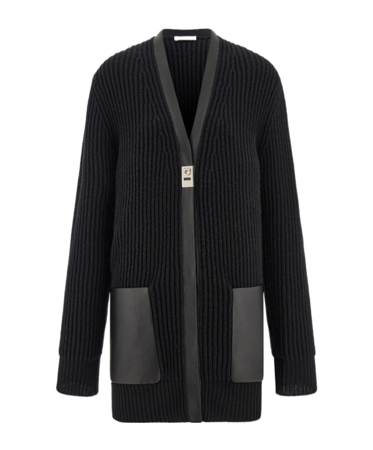 Ferragamo Leather-trimmed Cardigan In Black