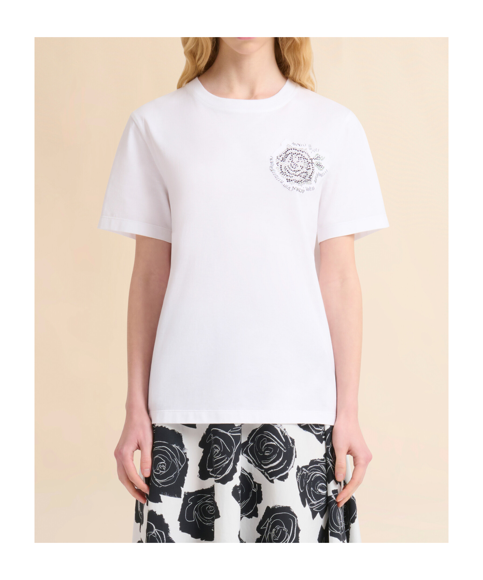 Marni White Cotton T-shirt With Rhinestone Rose In Lily White