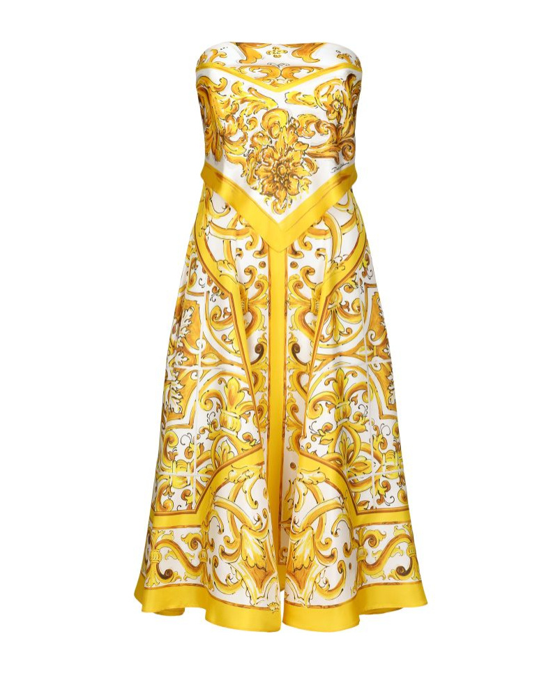 Shop Dolce & Gabbana Majolica Foulard Effect Midi Dress In Yellow