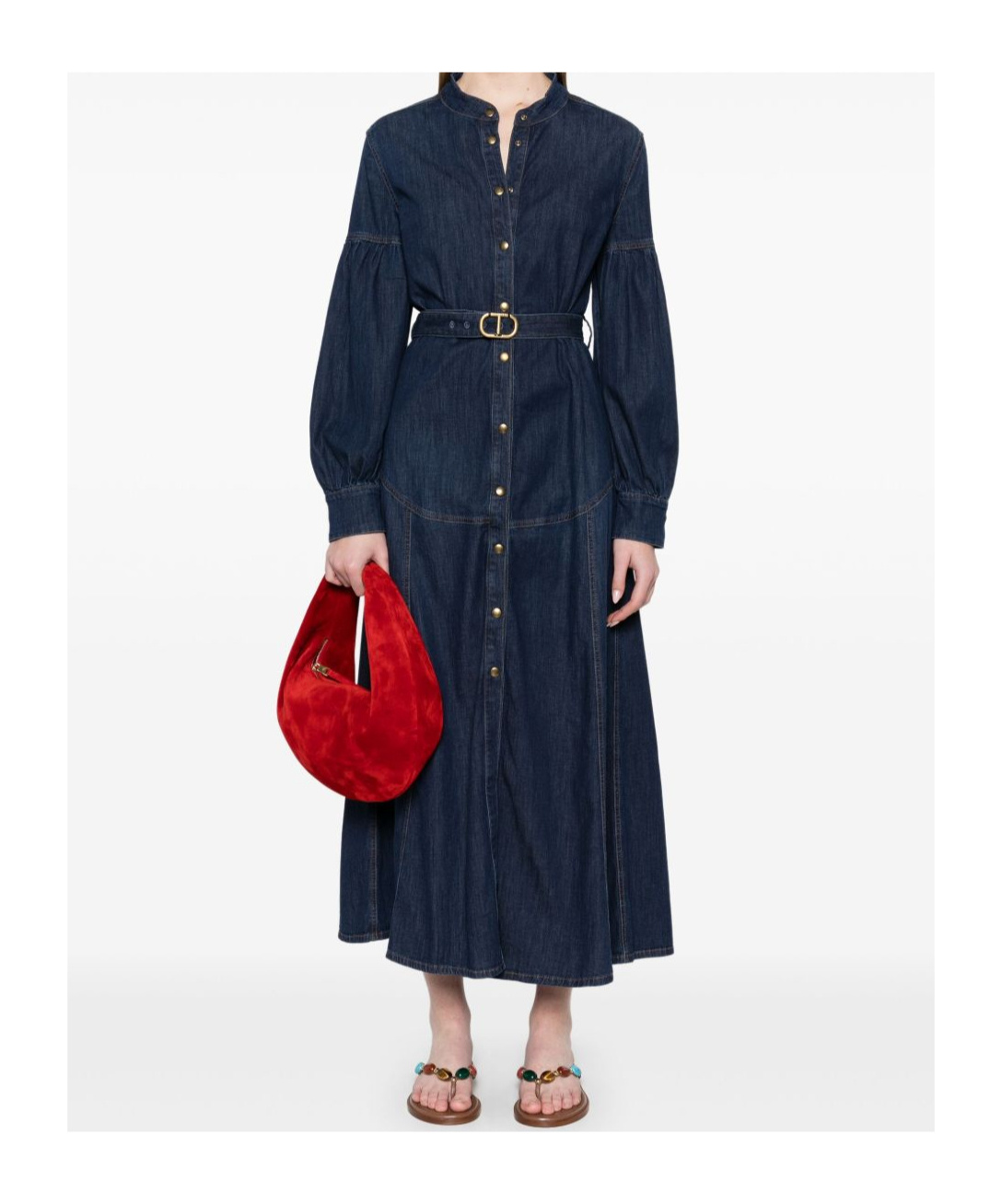 Twinset Denim Midi Dress In Blue With Belted Waist